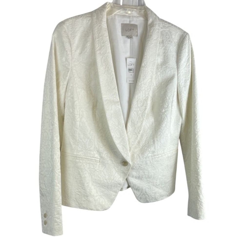 LOFT Ann Taylor White Jacquard Shawl Collar Blazer Jacket 8 Cocktail Party 65-36 - Picture 4 of 16